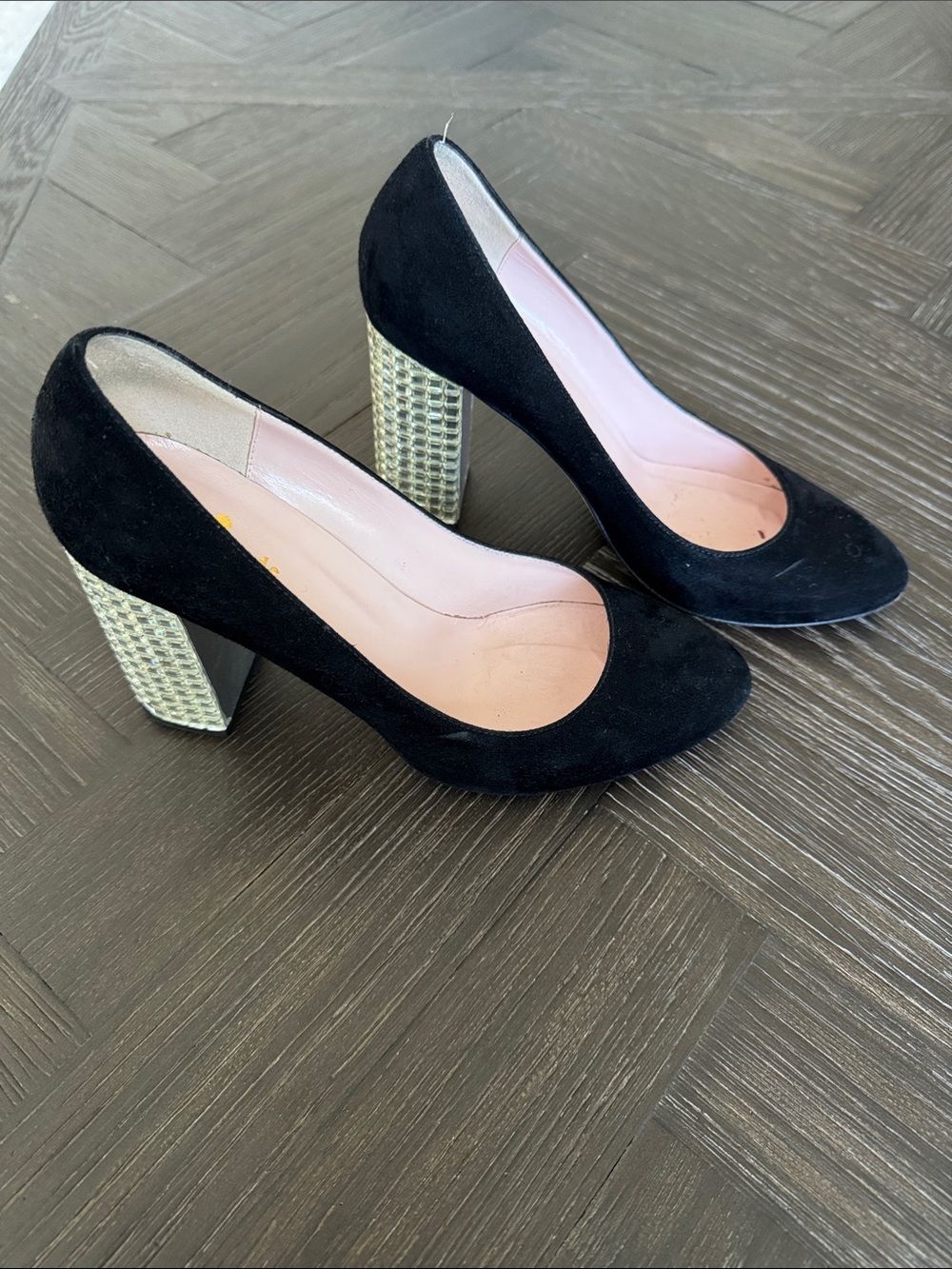 Kate Spade Black Suede Crystal Block Heel Pumps Size 8